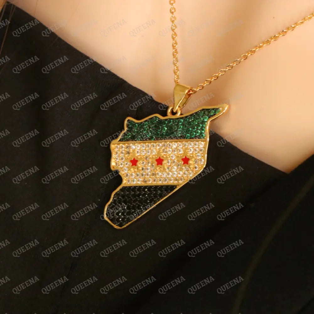 Luxury Golden Zircon SYRIA Country Map Necklace with Green SYRIAN Flag Colors - Pendant Necklace Necklaces