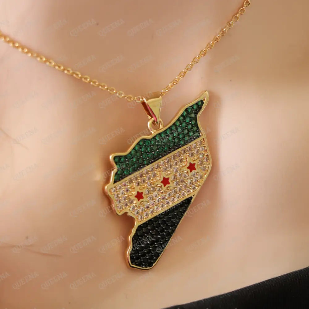Luxury Golden Zircon SYRIA Country Map Necklace with Green SYRIAN Flag Colors - Pendant Necklace Necklaces