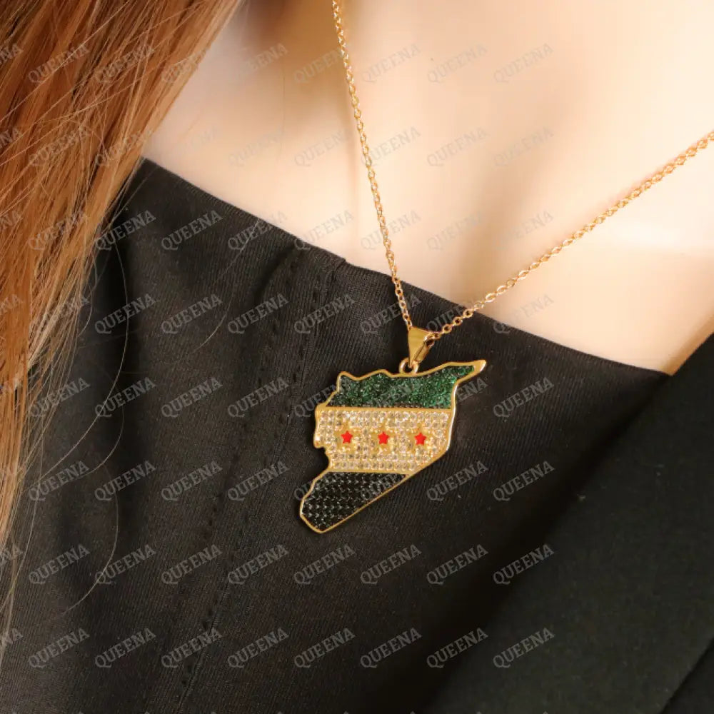 Luxury Golden Zircon SYRIA Country Map Necklace with Green SYRIAN Flag Colors - Pendant Necklace Necklaces