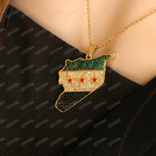 Luxury Golden Zircon SYRIA Country Map Necklace with Green SYRIAN Flag Colors - Pendant Necklace Necklaces