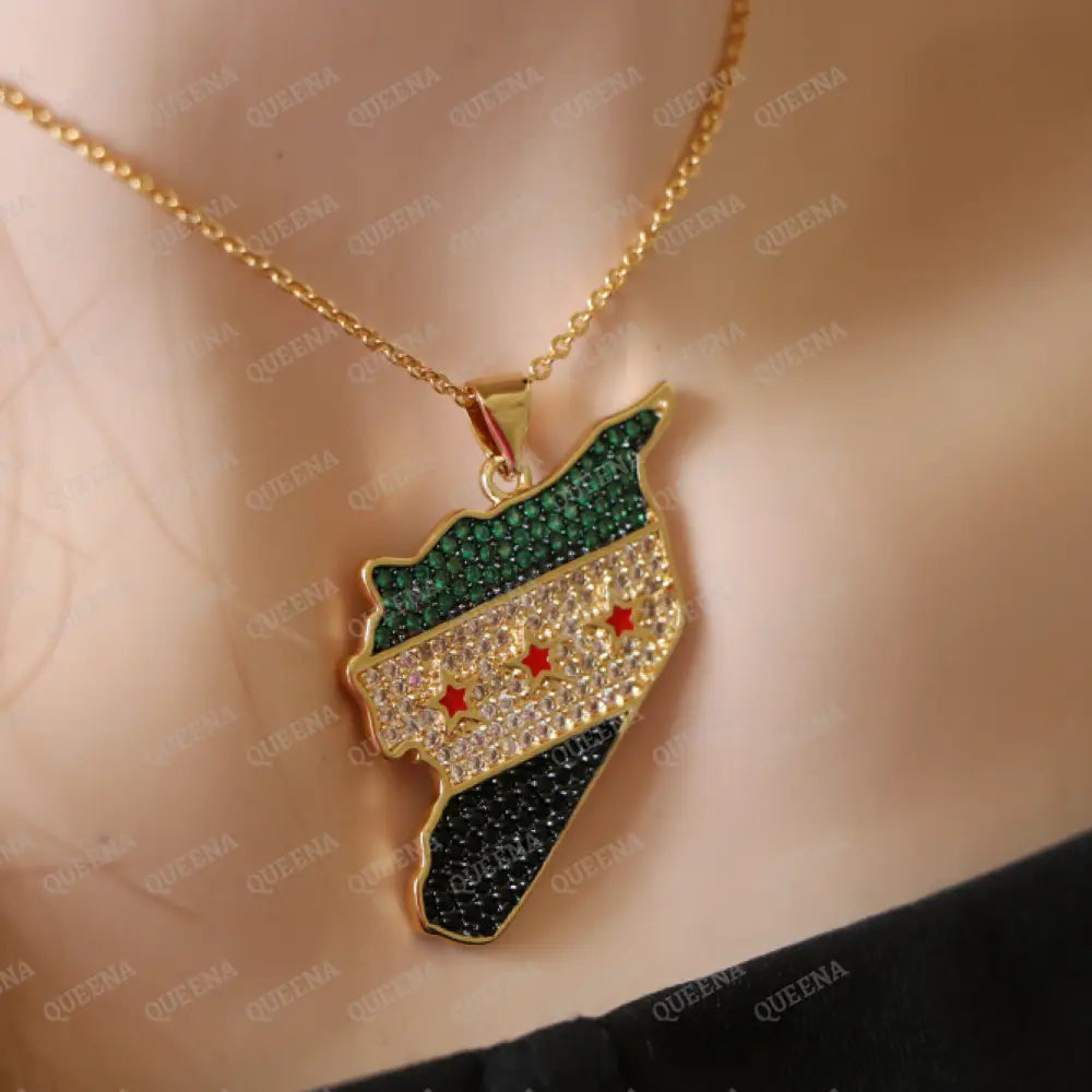 Luxury Golden Zircon SYRIA Country Map Necklace with Green SYRIAN Flag Colors - Pendant Necklace Necklaces