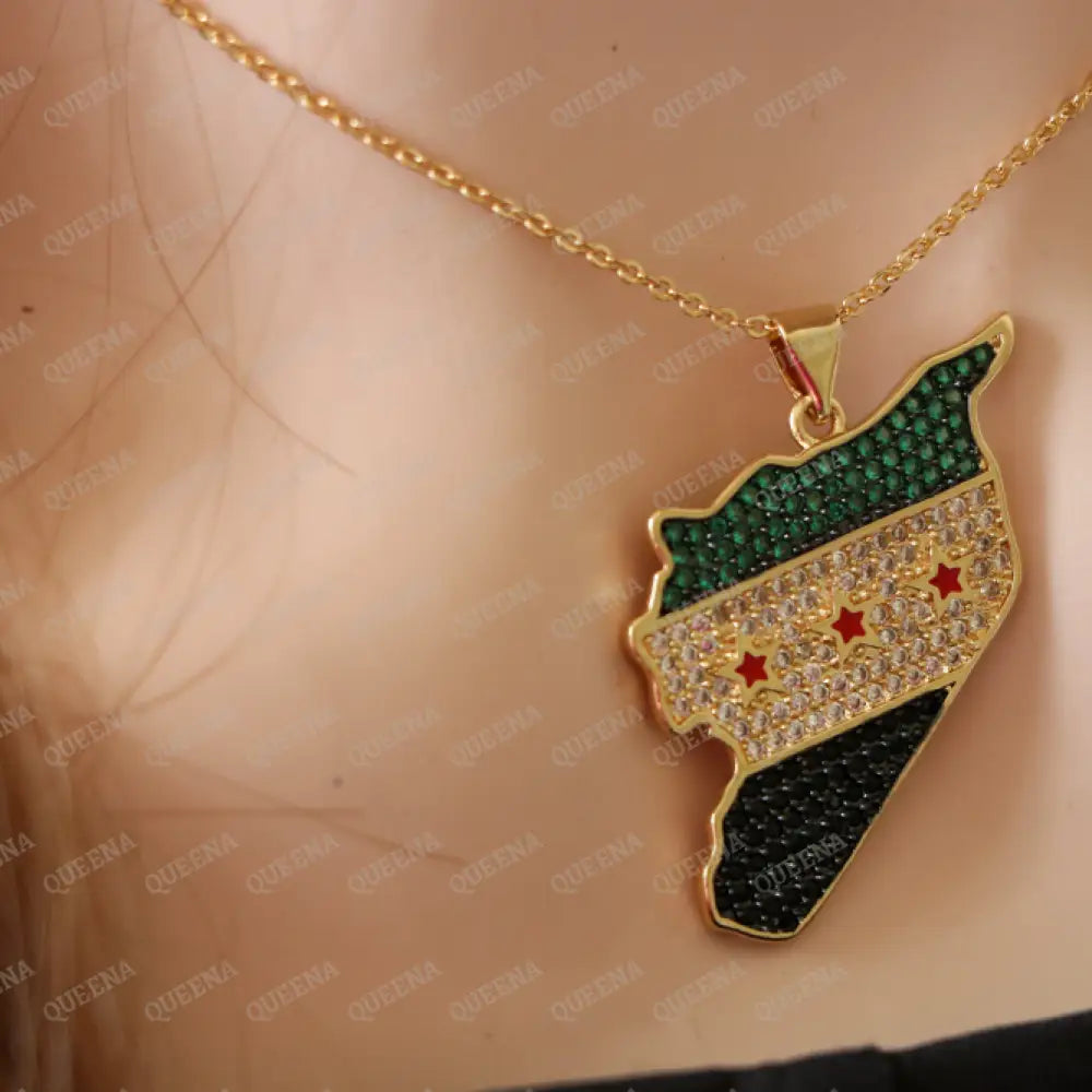 Luxury Golden Zircon SYRIA Country Map Necklace with Green SYRIAN Flag Colors - Pendant Necklace Necklaces