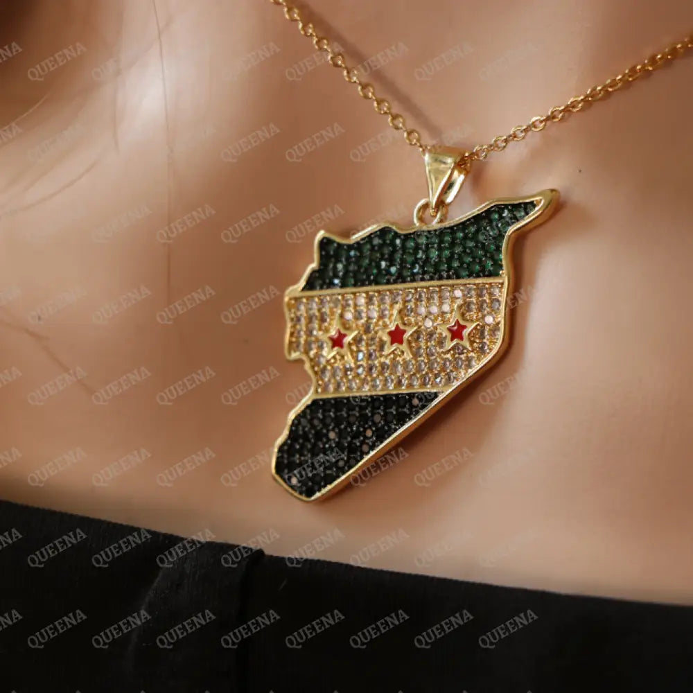 Luxury Golden Zircon SYRIA Country Map Necklace with Green SYRIAN Flag Colors - Pendant Necklace Necklaces