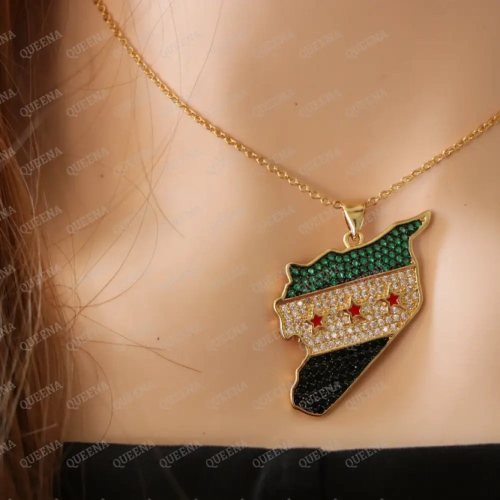 Luxury Golden Zircon SYRIA Country Map Necklace with Green SYRIAN Flag Colors - Pendant Necklace Necklaces