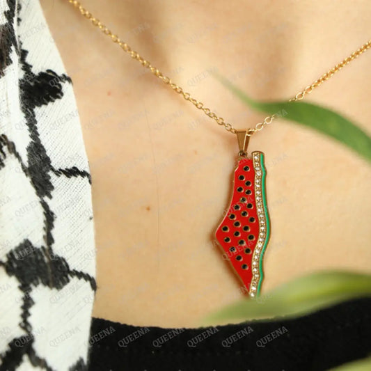 Luxury Golden Zircon Watermelon Palestine Country Map - Pendant Necklace Necklaces