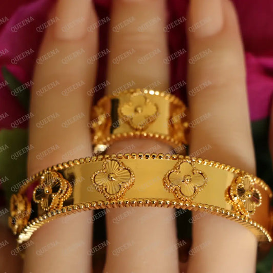 Luxury HALF SET 18k Gold Plated Clovia Golden Floral Laser Clovers Set (Bangle + Ring) Jewelry Sets