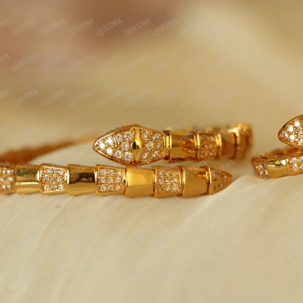 Luxury Half Set- 18K Gold Plated Gloria Snake Bracelet Studded With Zircon (Bangle + Ring)
