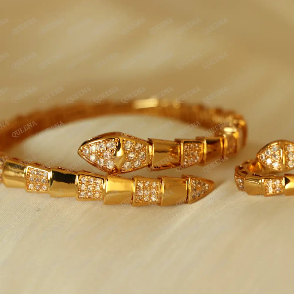 Luxury Half Set- 18K Gold Plated Gloria Snake Bracelet Studded With Zircon (Bangle + Ring)