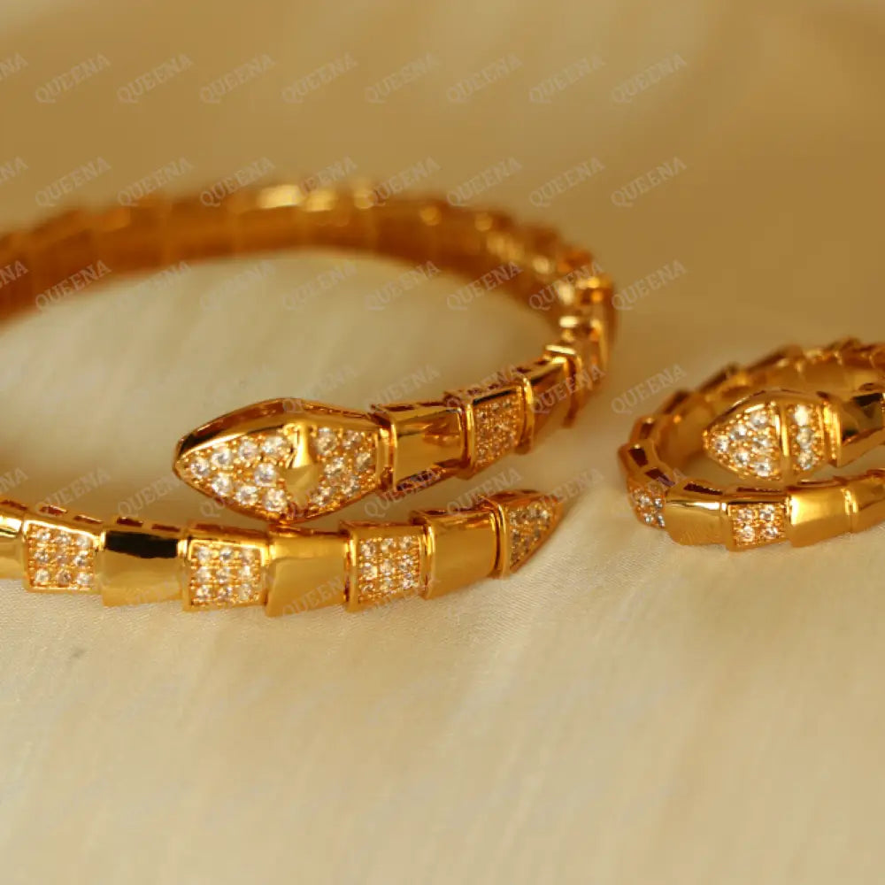 Luxury Half Set- 18K Gold Plated Gloria Snake Bracelet Studded With Zircon (Bangle + Ring)