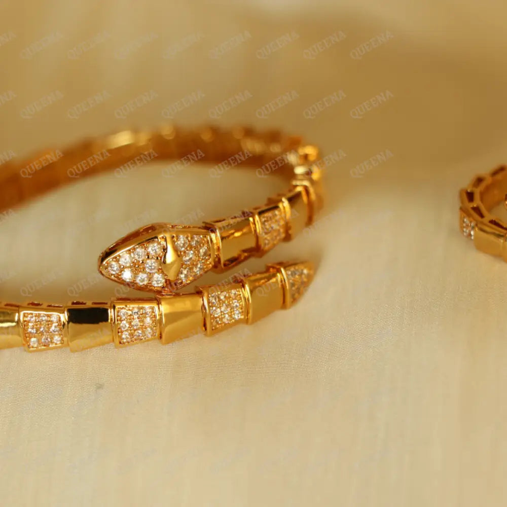 Luxury Half Set- 18K Gold Plated Gloria Snake Bracelet Studded With Zircon (Bangle + Ring)