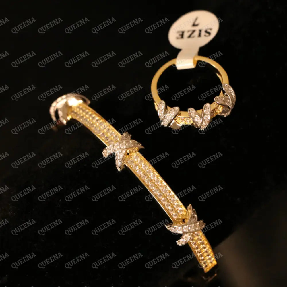 Luxury HALF SET- 18k Gold Plated Golden X Bracelet Studded With Full Zircon (Bangle + Ring) Jewelry Sets