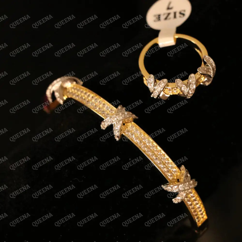 Luxury HALF SET- 18k Gold Plated Golden X Bracelet Studded With Full Zircon (Bangle + Ring) Jewelry Sets