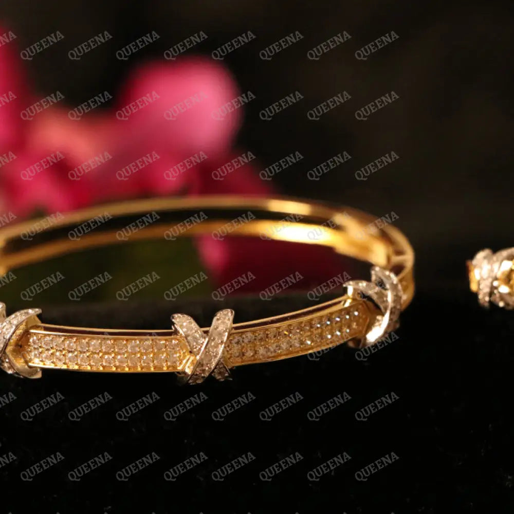Luxury HALF SET- 18k Gold Plated Golden X Bracelet Studded With Full Zircon (Bangle + Ring) Jewelry Sets