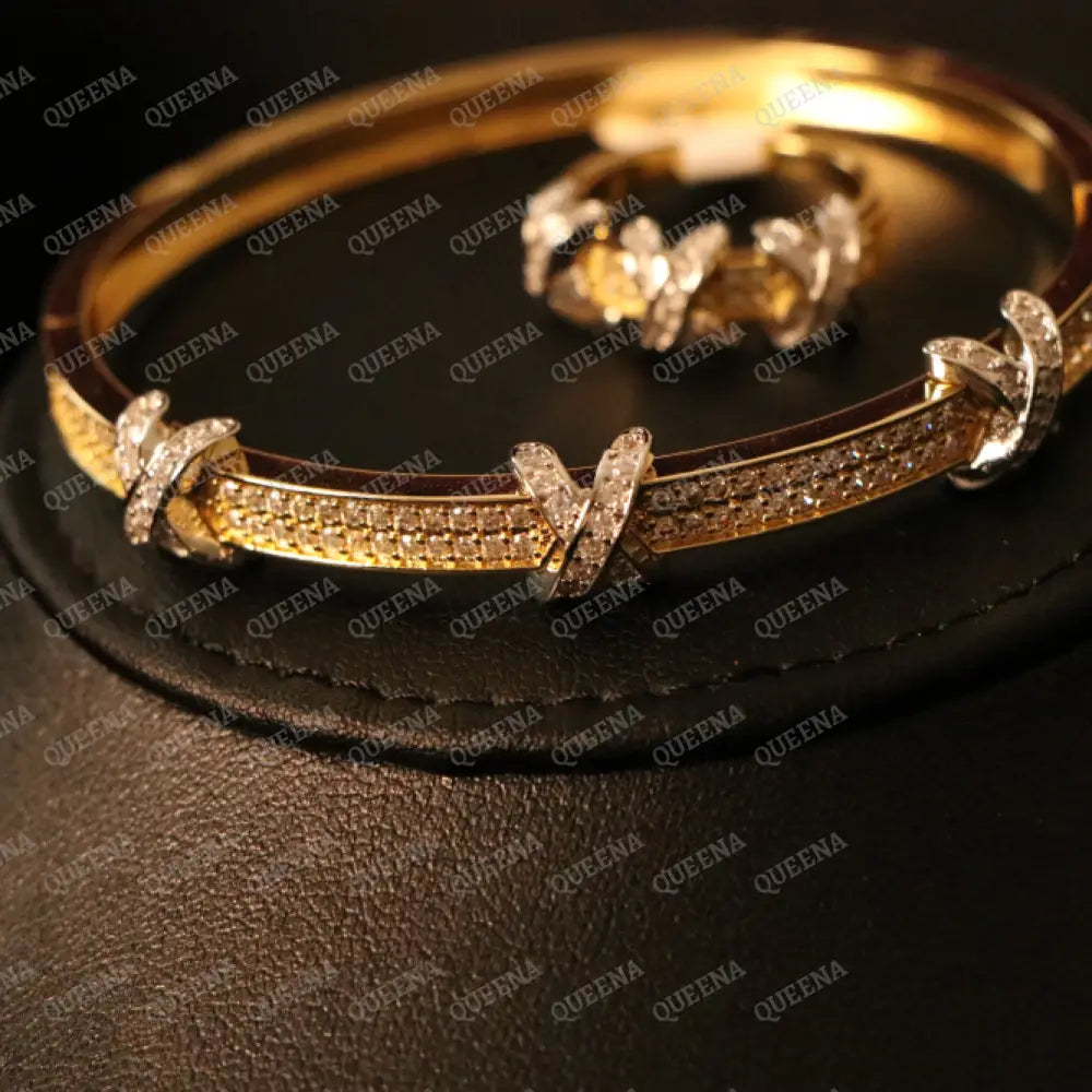 Luxury HALF SET- 18k Gold Plated Golden X Bracelet Studded With Full Zircon (Bangle + Ring) Jewelry Sets