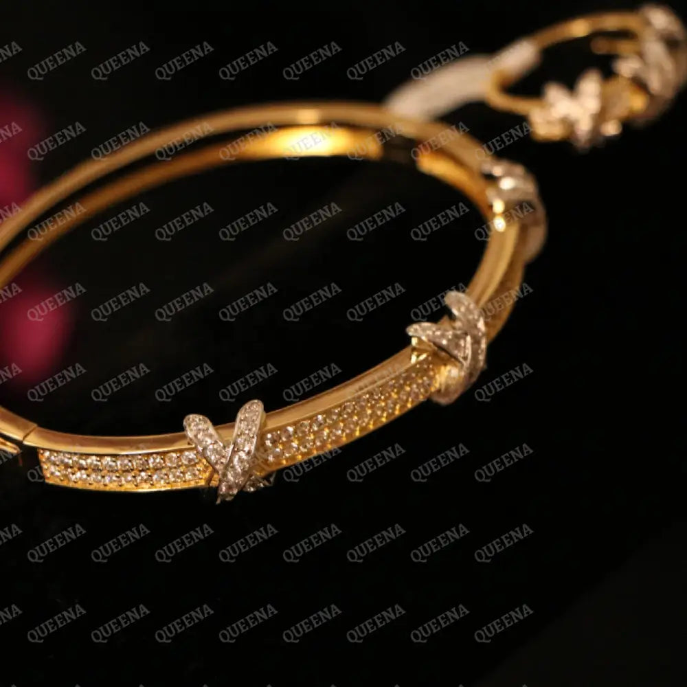 Luxury HALF SET- 18k Gold Plated Golden X Bracelet Studded With Full Zircon (Bangle + Ring) Jewelry Sets