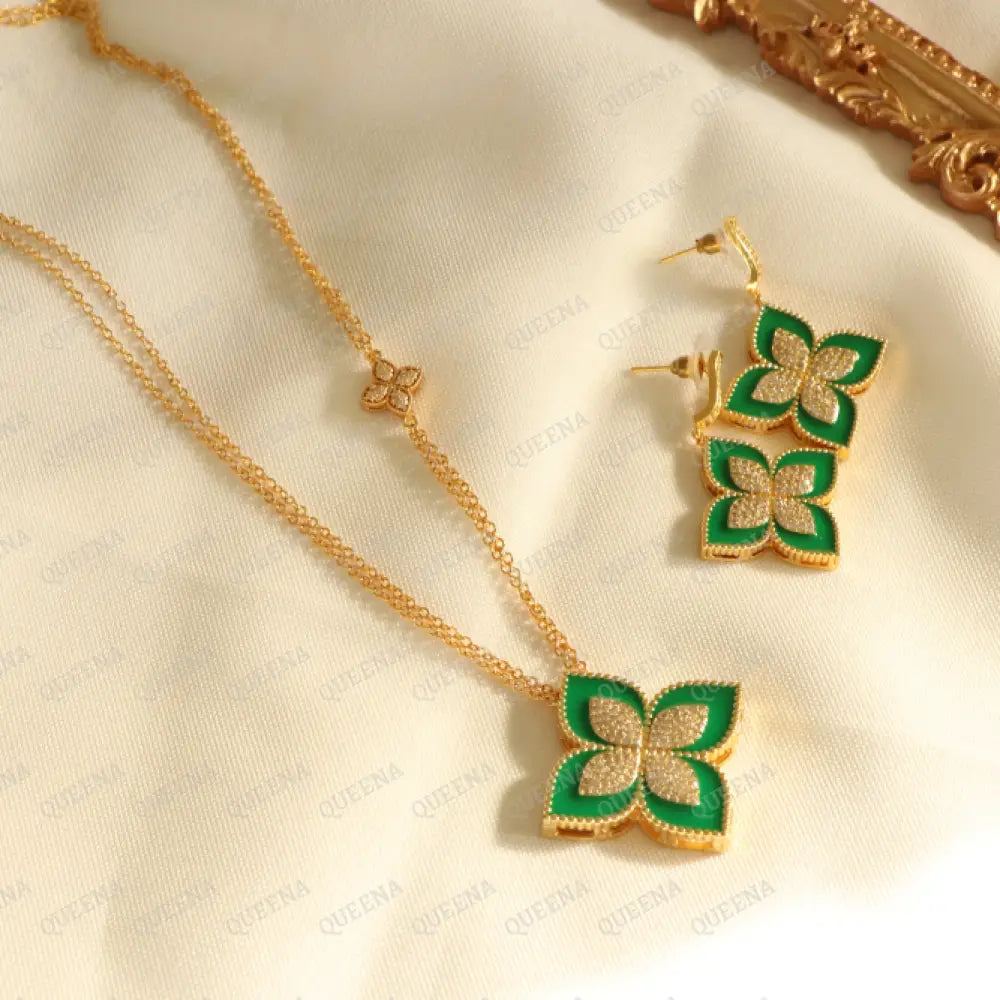 Luxury Half Set -18K Gold Plated Princess Flower Pendant By Golden Zircon & Green (Long Pendant