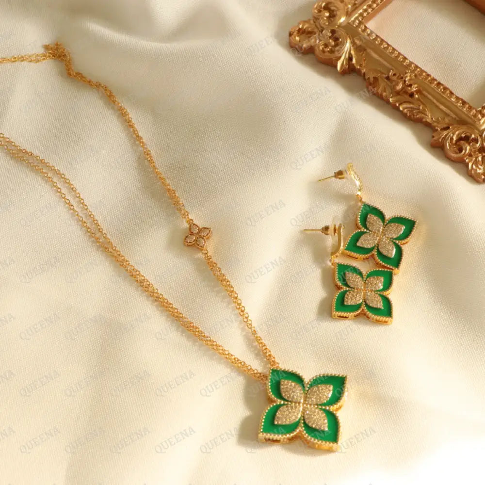 Luxury Half Set -18K Gold Plated Princess Flower Pendant By Golden Zircon & Green (Long Pendant