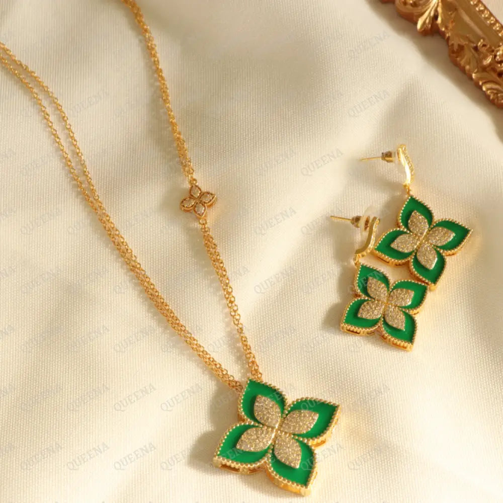 Luxury Half Set -18K Gold Plated Princess Flower Pendant By Golden Zircon & Green (Long Pendant