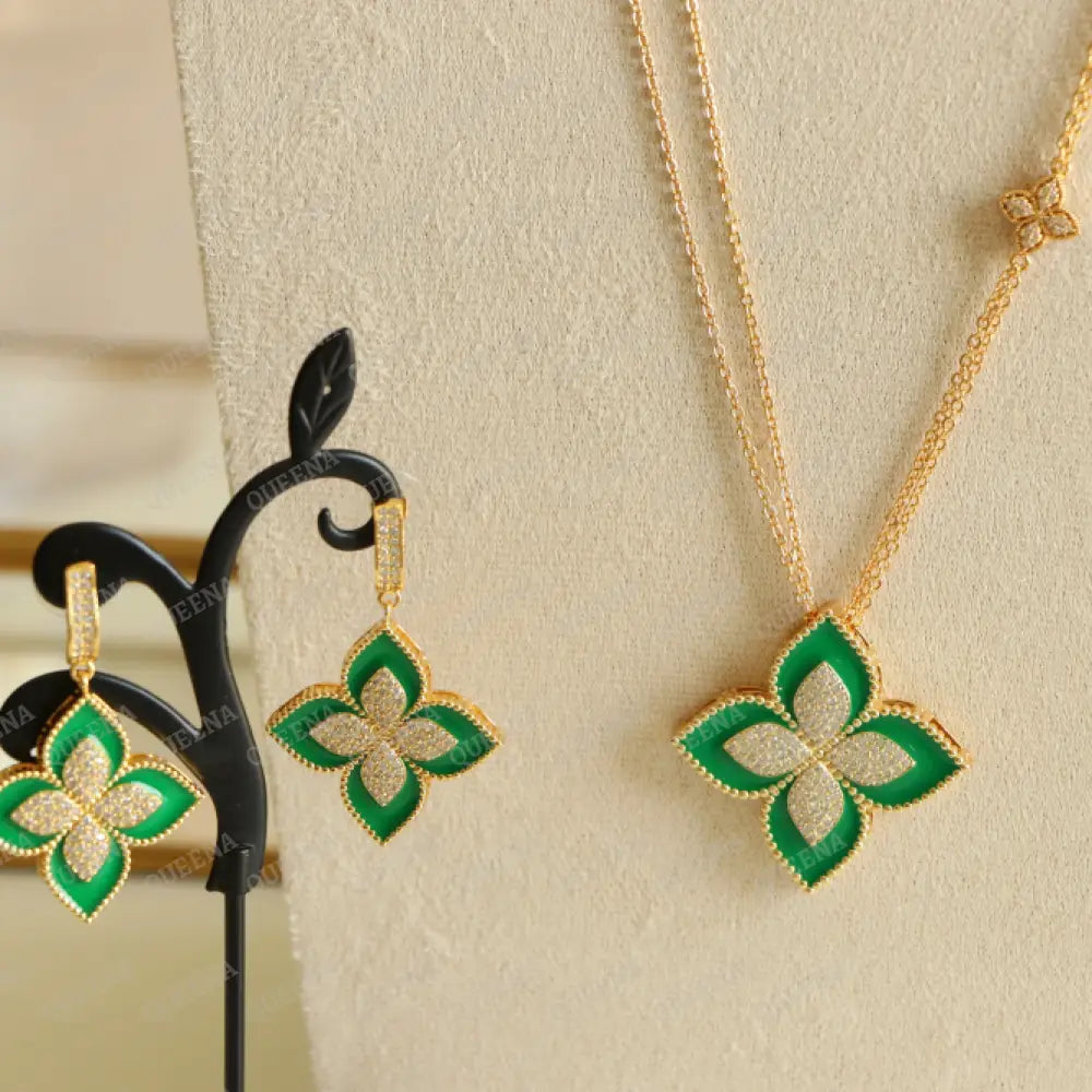 Luxury Half Set -18K Gold Plated Princess Flower Pendant By Golden Zircon & Green (Long Pendant