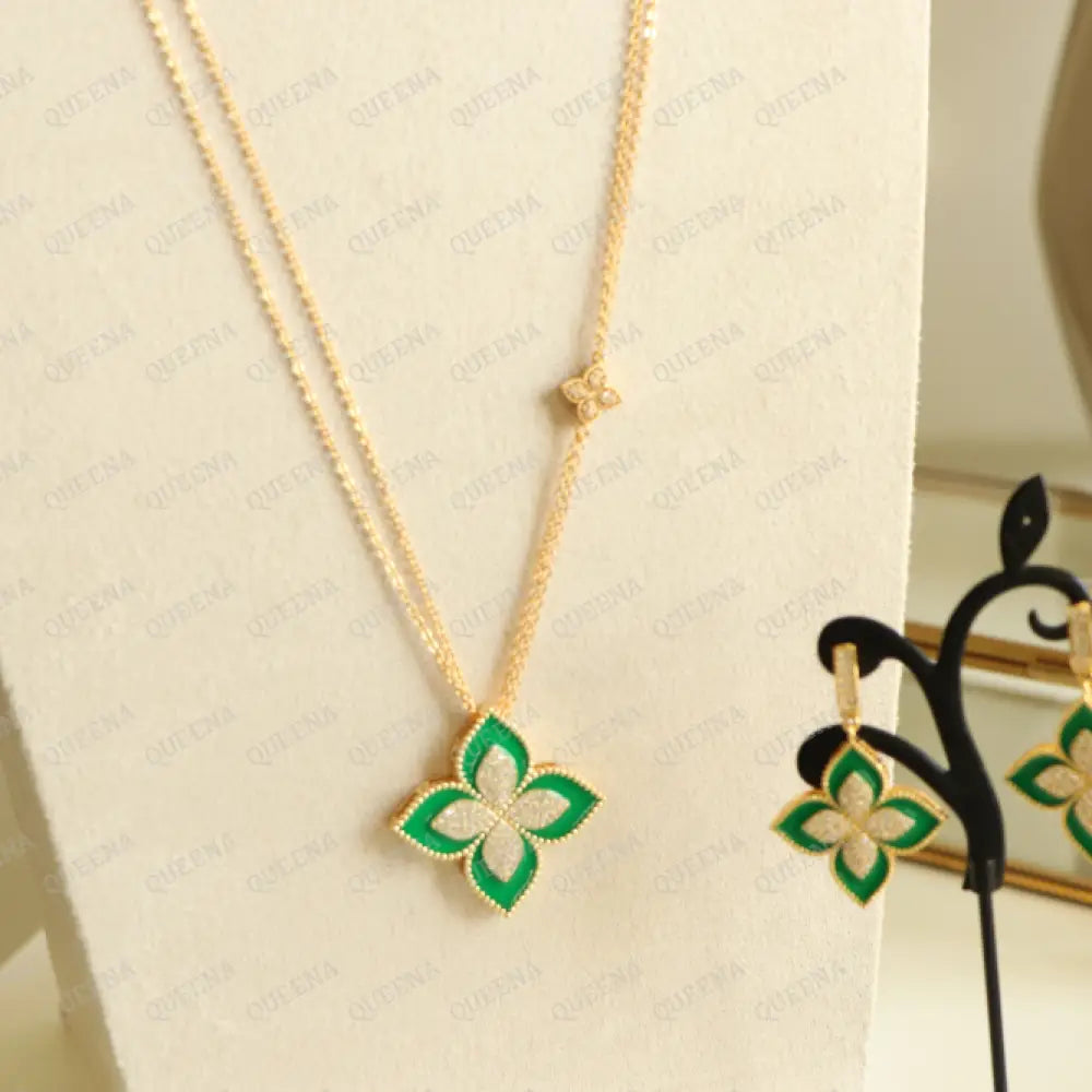 Luxury Half Set -18K Gold Plated Princess Flower Pendant By Golden Zircon & Green (Long Pendant