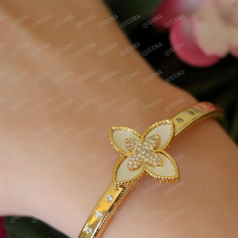 Luxury HALF SET -18k Gold Plated Roberto Coin Princess White Flower Bangle Studded with Gold Zircon Stones (Bangle
