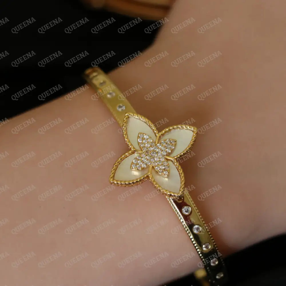 Luxury HALF SET -18k Gold Plated Roberto Coin Princess White Flower Bangle Studded with Gold Zircon Stones (Bangle