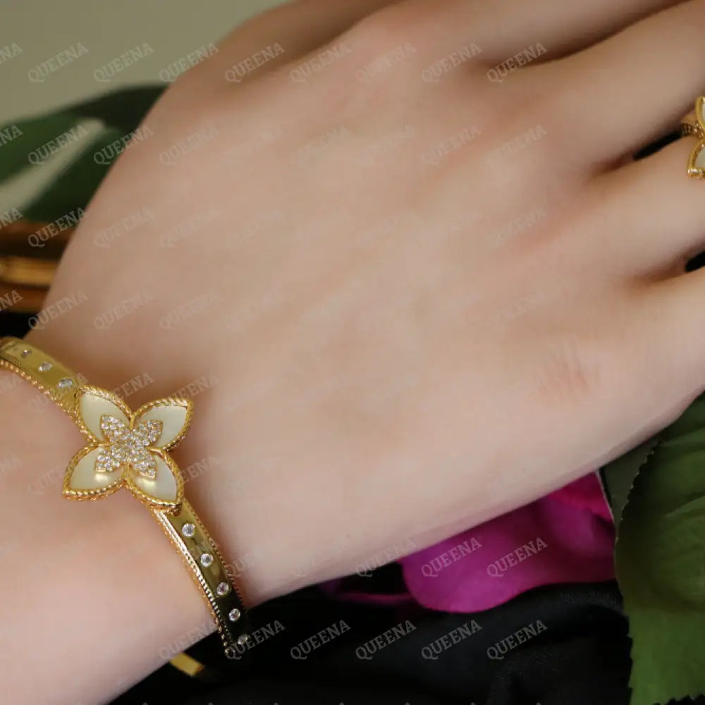 Luxury HALF SET -18k Gold Plated Roberto Coin Princess White Flower Bangle Studded with Gold Zircon Stones (Bangle