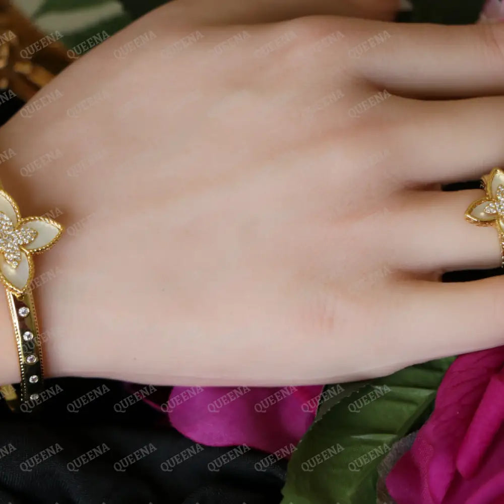 Luxury HALF SET -18k Gold Plated Roberto Coin Princess White Flower Bangle Studded with Gold Zircon Stones (Bangle