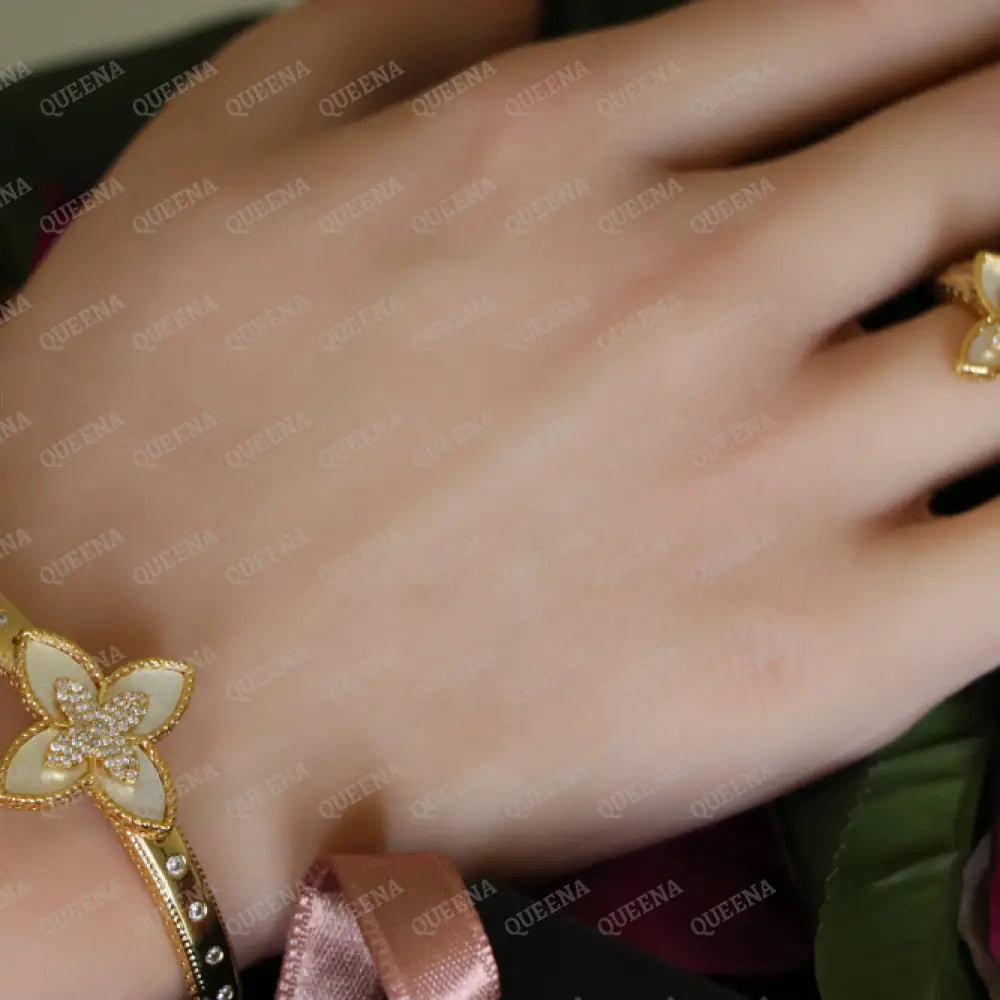 Luxury HALF SET -18k Gold Plated Roberto Coin Princess White Flower Bangle Studded with Gold Zircon Stones (Bangle