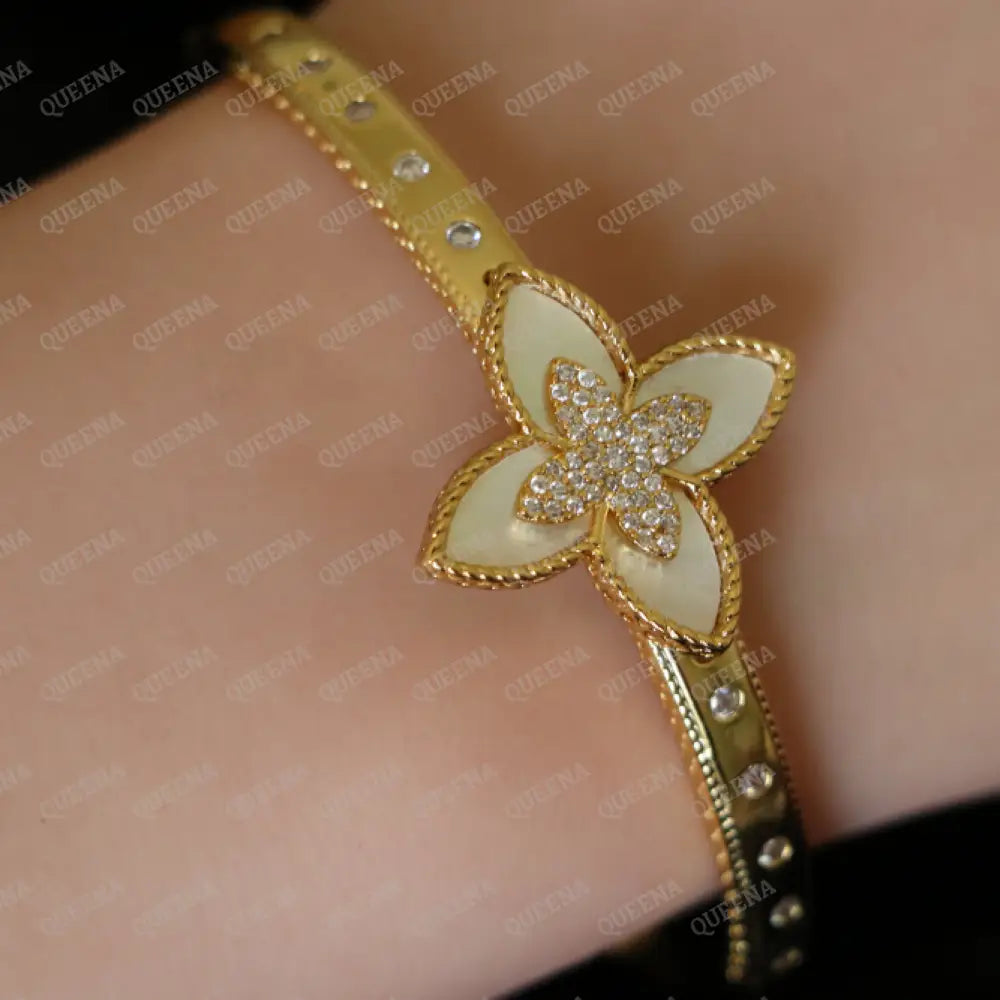 Luxury HALF SET -18k Gold Plated Roberto Coin Princess White Flower Bangle Studded with Gold Zircon Stones (Bangle