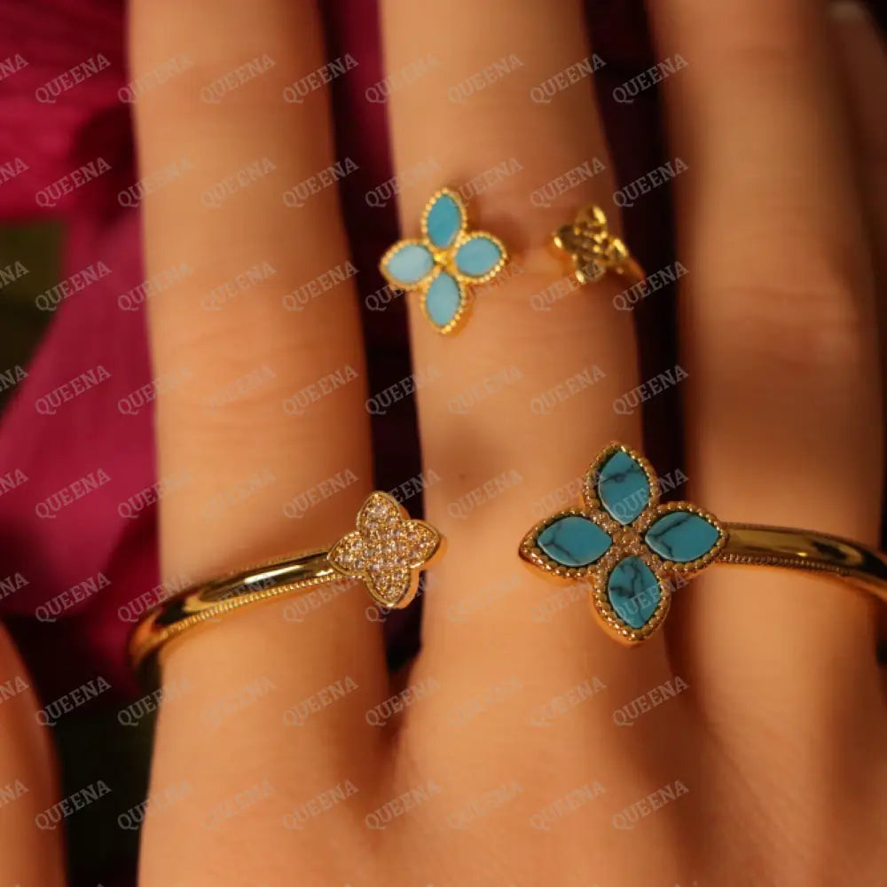Luxury HALF SET -18k Gold Plated Roberto Princess BLUE Flower Bangle Studded with Gold Zircon Stones (Bangle + Ring)