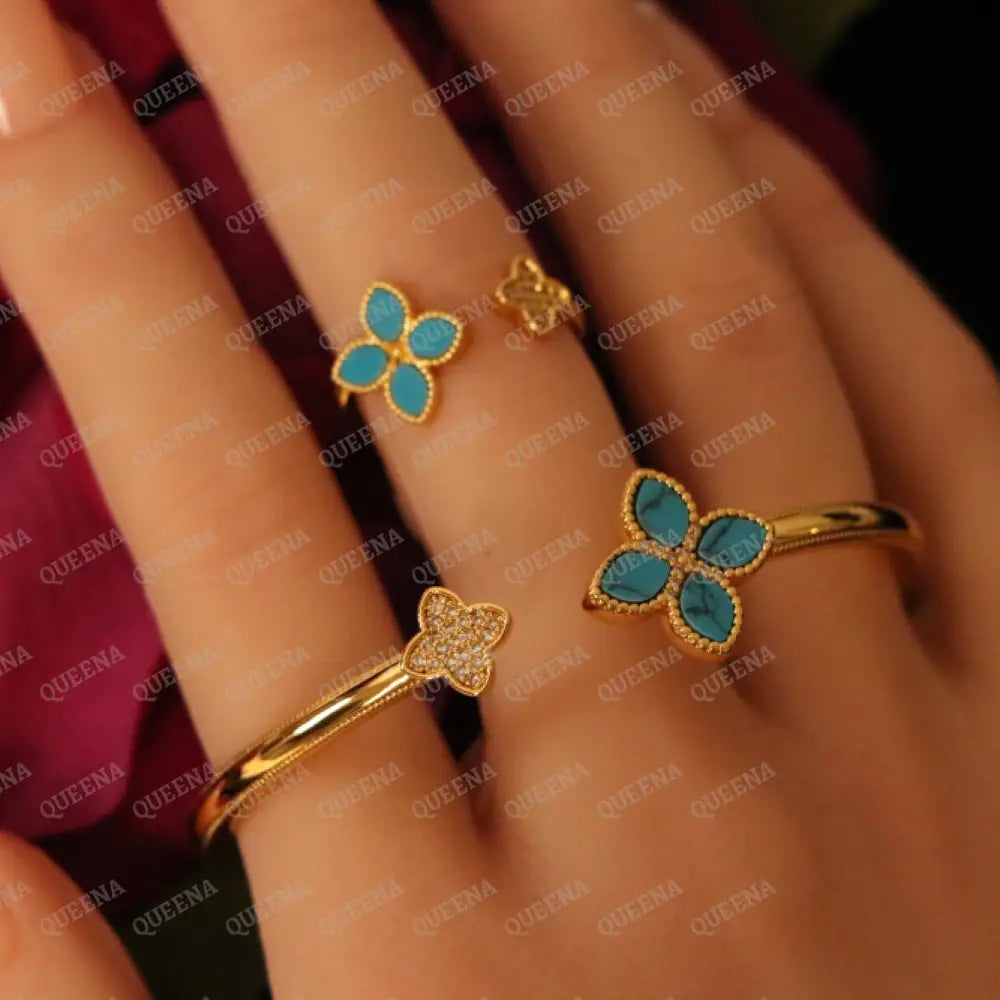 Luxury HALF SET -18k Gold Plated Roberto Princess BLUE Flower Bangle Studded with Gold Zircon Stones (Bangle + Ring)