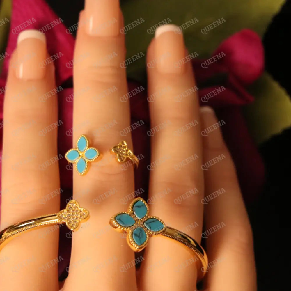 Luxury HALF SET -18k Gold Plated Roberto Princess BLUE Flower Bangle Studded with Gold Zircon Stones (Bangle + Ring)