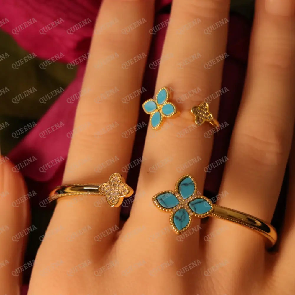 Luxury HALF SET -18k Gold Plated Roberto Princess BLUE Flower Bangle Studded with Gold Zircon Stones (Bangle + Ring)