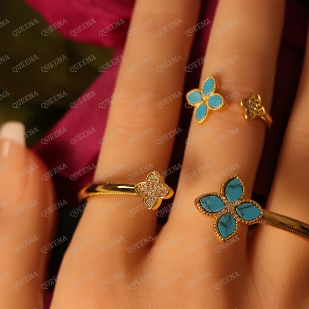 Luxury HALF SET -18k Gold Plated Roberto Princess BLUE Flower Bangle Studded with Gold Zircon Stones (Bangle + Ring)