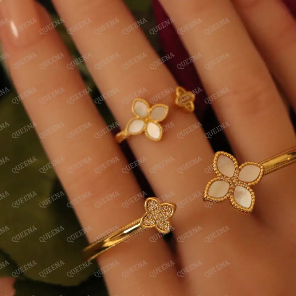 Luxury HALF SET -18k Gold Plated Roberto Princess White Flower Bangle Studded with Gold Zircon Stones (Bangle + Ring) 8