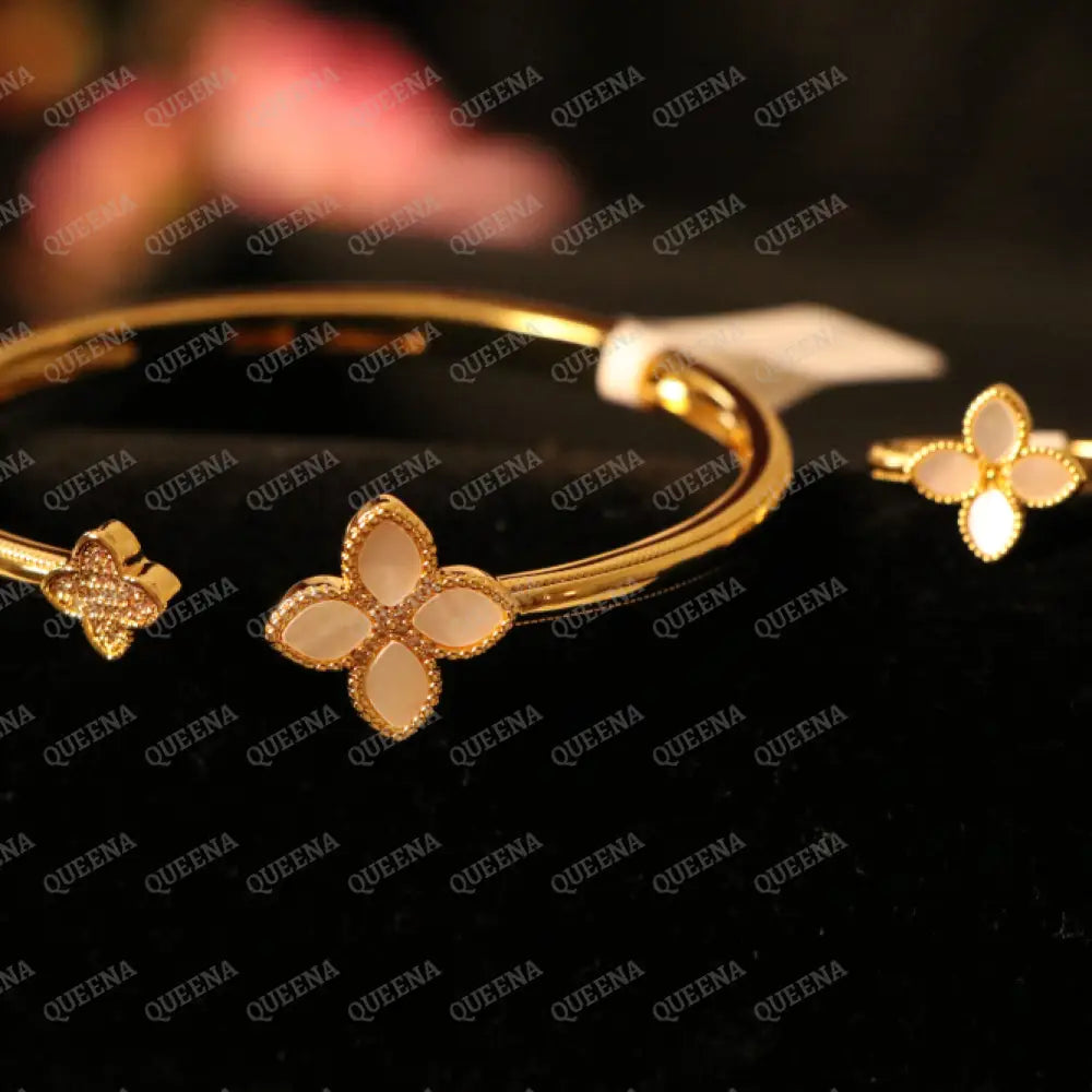 Luxury HALF SET -18k Gold Plated Roberto Princess White Flower Bangle Studded with Gold Zircon Stones (Bangle + Ring) 8