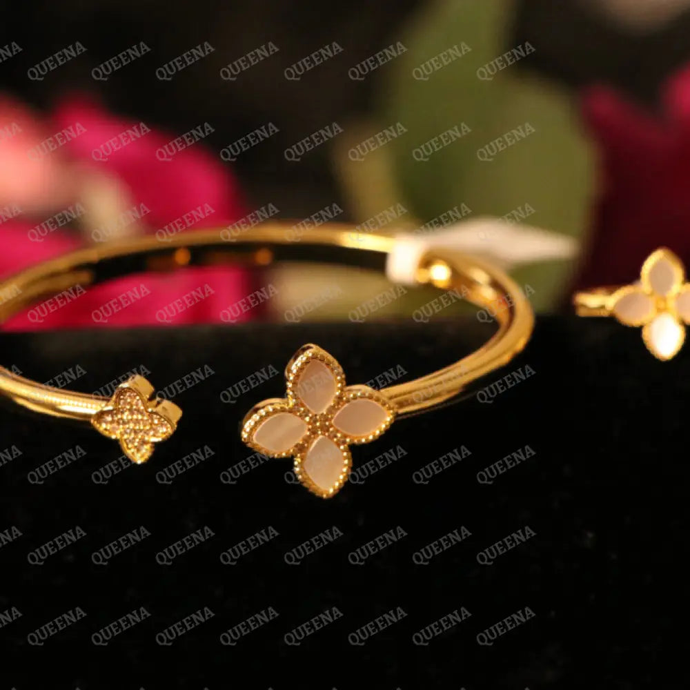 Luxury HALF SET -18k Gold Plated Roberto Princess White Flower Bangle Studded with Gold Zircon Stones (Bangle + Ring) 8