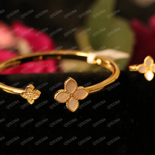 Luxury HALF SET -18k Gold Plated Roberto Princess White Flower Bangle Studded with Gold Zircon Stones (Bangle + Ring) 8