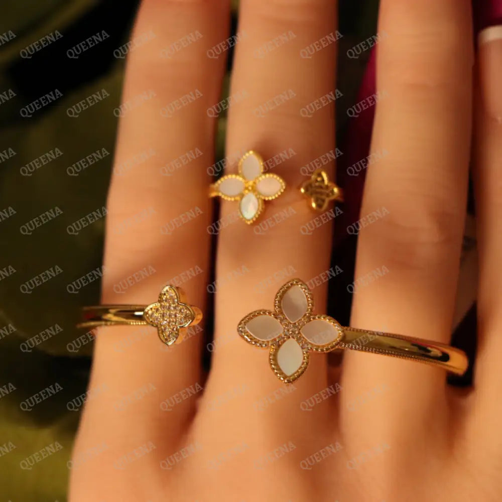 Luxury HALF SET -18k Gold Plated Roberto Princess White Flower Bangle Studded with Gold Zircon Stones (Bangle + Ring) 8