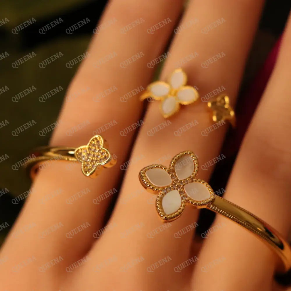 Luxury HALF SET -18k Gold Plated Roberto Princess White Flower Bangle Studded with Gold Zircon Stones (Bangle + Ring) 8