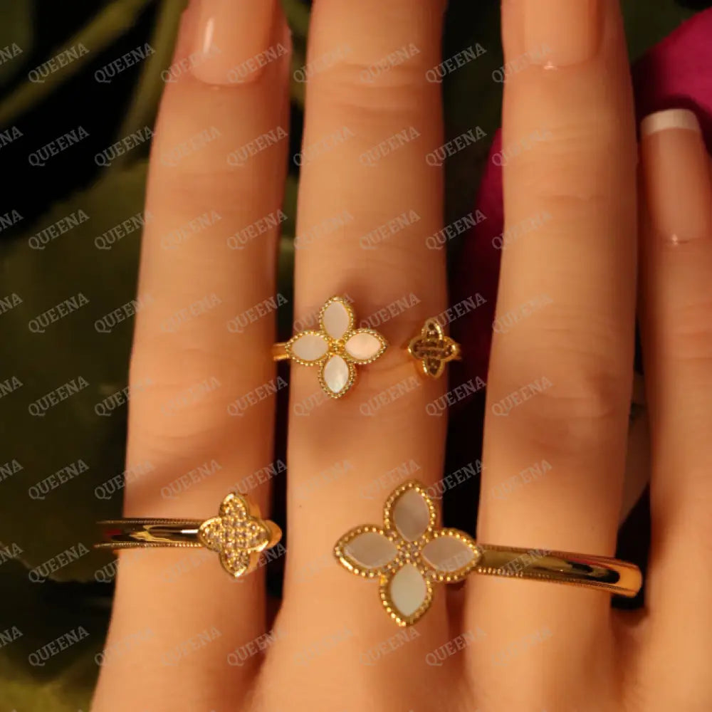 Luxury HALF SET -18k Gold Plated Roberto Princess White Flower Bangle Studded with Gold Zircon Stones (Bangle + Ring) 8