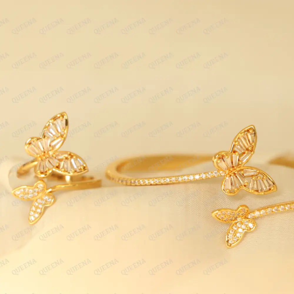 Luxury Half Set- 18K Gold Plated Sparkle Butterfly Studded In Zirconia White Crystal And (Bangle +