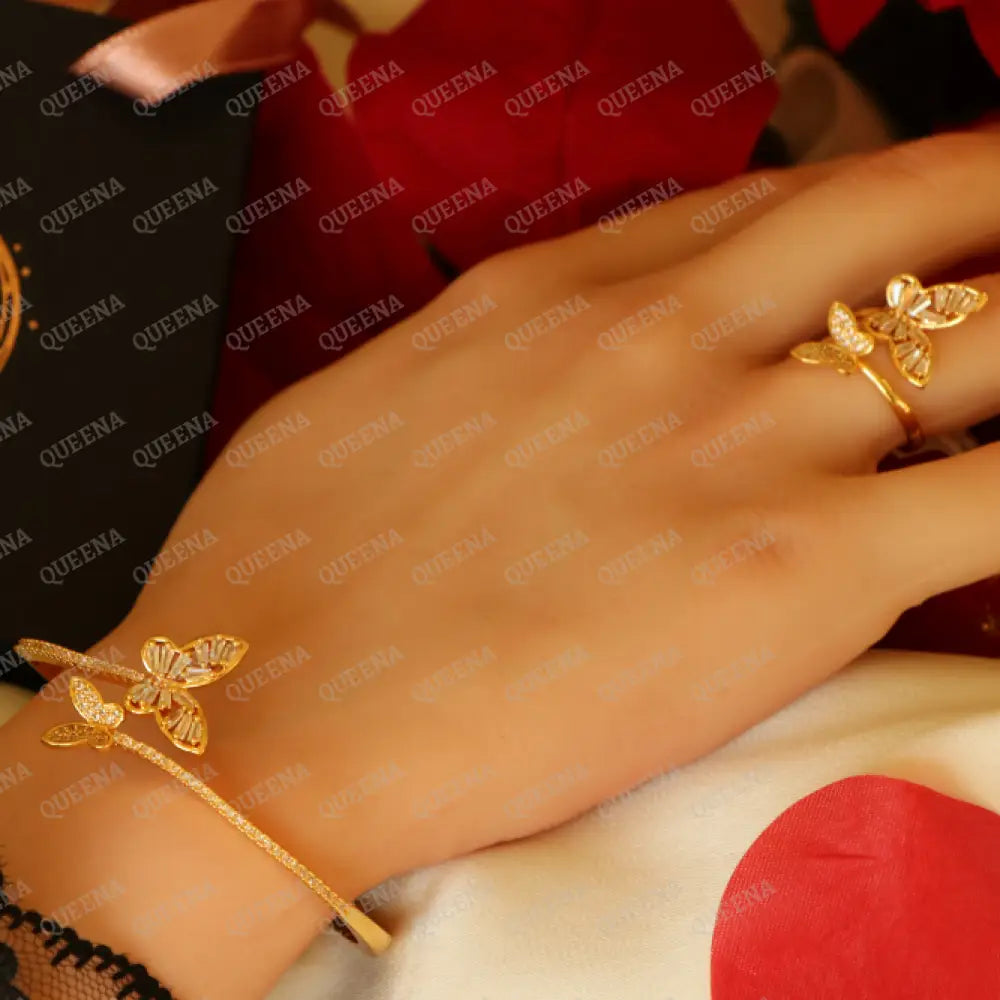 Luxury Half Set- 18K Gold Plated Sparkle Butterfly Studded In Zirconia White Crystal And (Bangle +