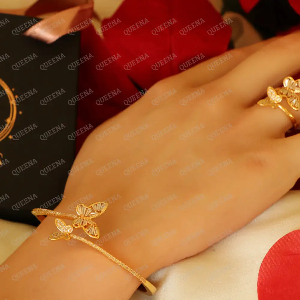 Luxury Half Set- 18K Gold Plated Sparkle Butterfly Studded In Zirconia White Crystal And (Bangle +