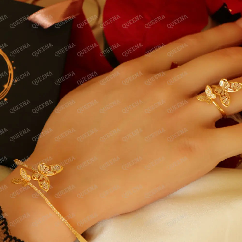 Luxury Half Set- 18K Gold Plated Sparkle Butterfly Studded In Zirconia White Crystal And (Bangle +