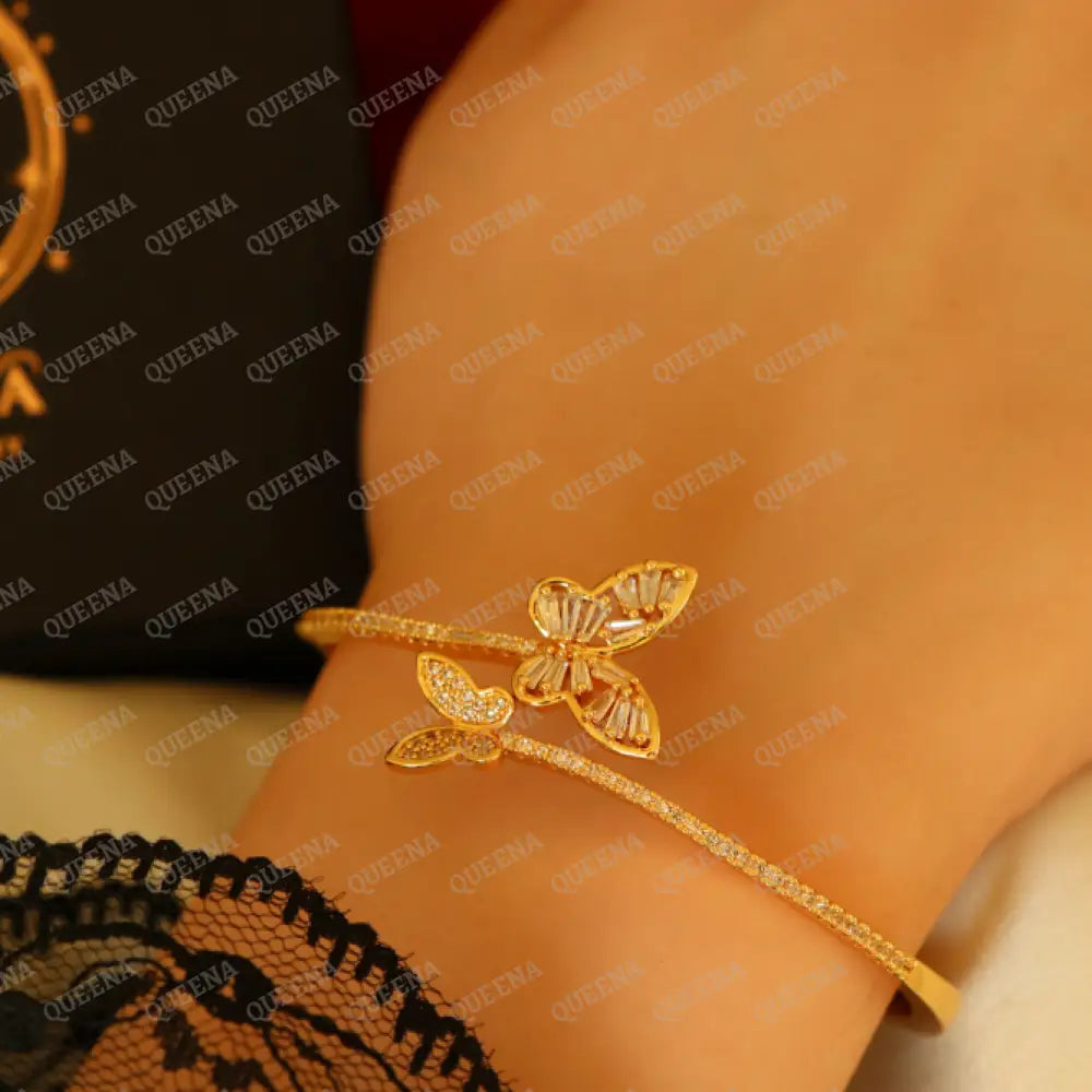 Luxury Half Set- 18K Gold Plated Sparkle Butterfly Studded In Zirconia White Crystal And (Bangle +