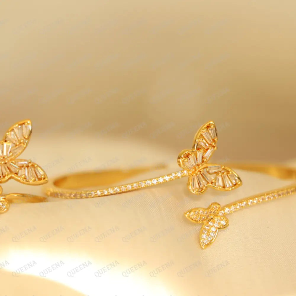 Luxury Half Set- 18K Gold Plated Sparkle Butterfly Studded In Zirconia White Crystal And (Bangle +