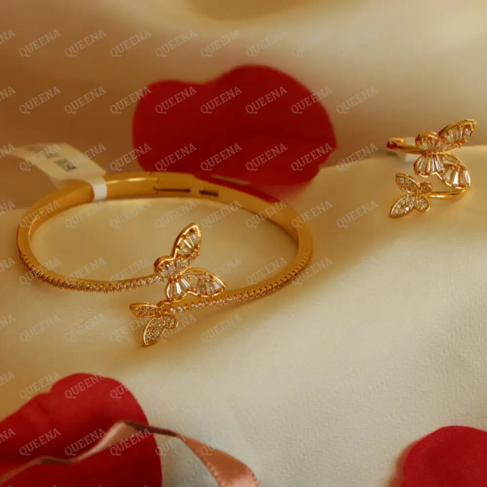 Luxury Half Set- 18K Gold Plated Sparkle Butterfly Studded In Zirconia White Crystal And (Bangle +