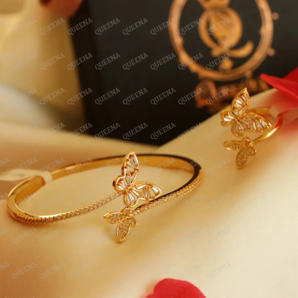 Luxury Half Set- 18K Gold Plated Sparkle Butterfly Studded In Zirconia White Crystal And (Bangle +